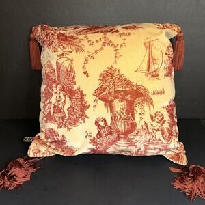 Borgata Toile Throw Pillow Red Beige w/ Tassels Square 15" French Country